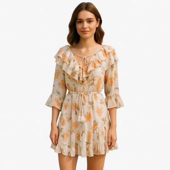 NEW POL Small Boho Mini Dress White Ruffle Floral Bird Print Tassel Neckline - Picture 1 of 15